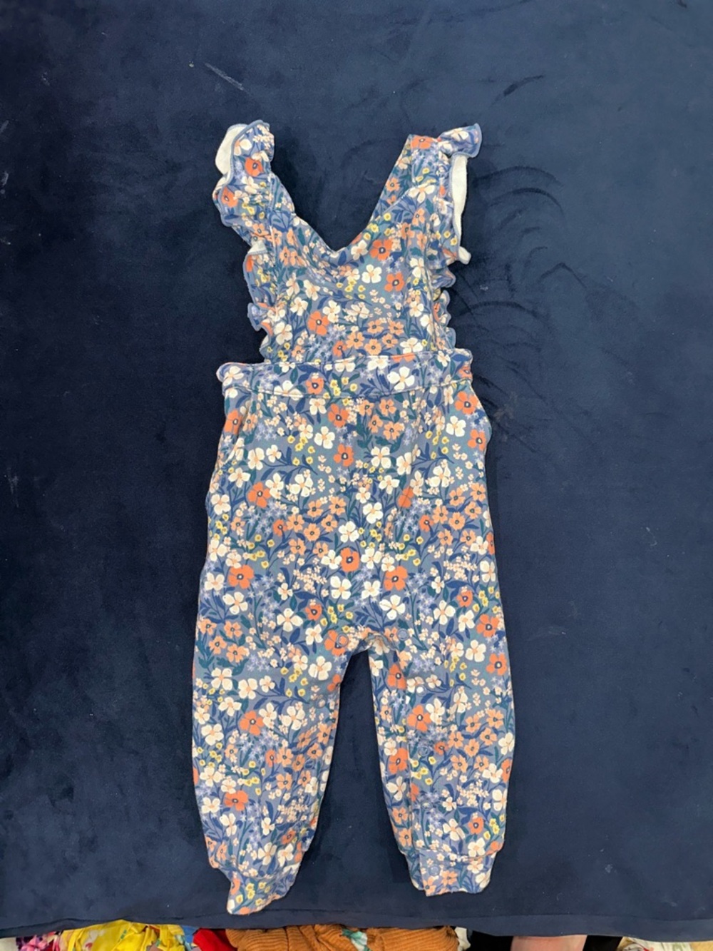 Little Sleepies Blue Floral Ruffle-Strap Overalls with Orange Accents